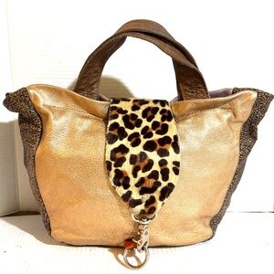 Rebyc Chic Leopard leather Accent Gold Tote Bag